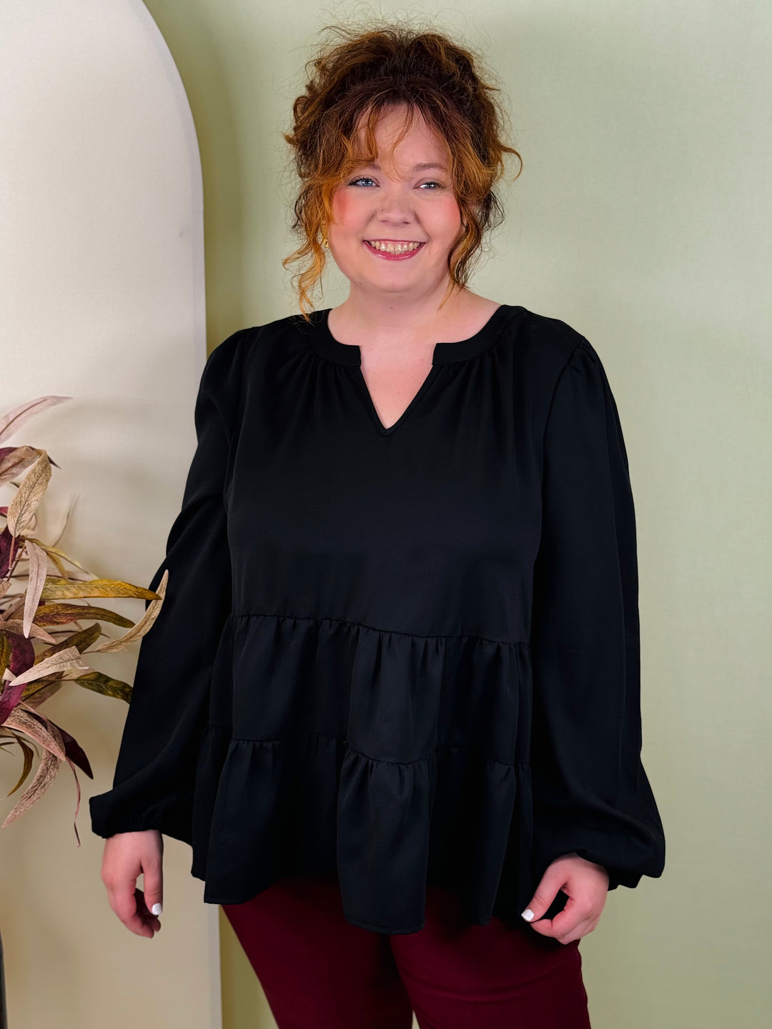 Tiered Woven Blouse w/ Balloon Sleeves - 3 Color Options - Final Sale