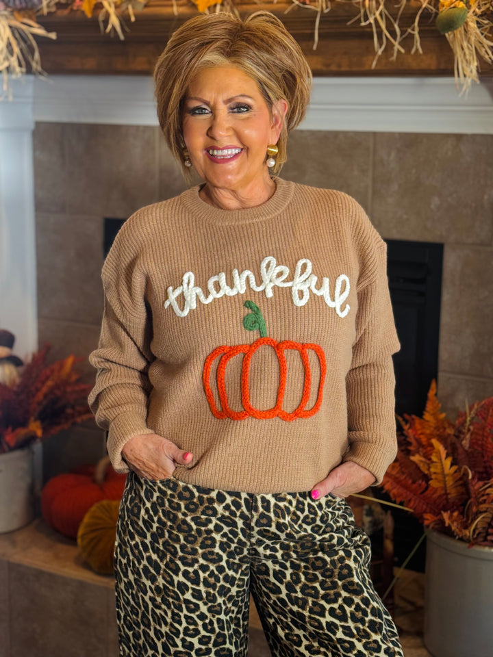 Dusty Brown Thankful Pumpkin 3D Embroidered Sweater