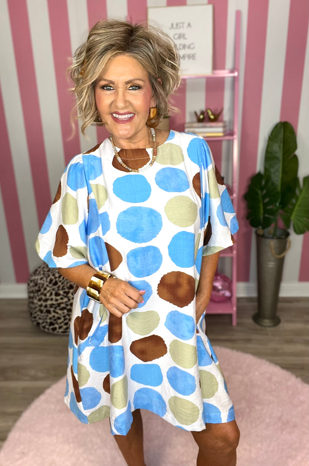 Abstract Dot Bubble Sleeve Tunic Dress- Blue