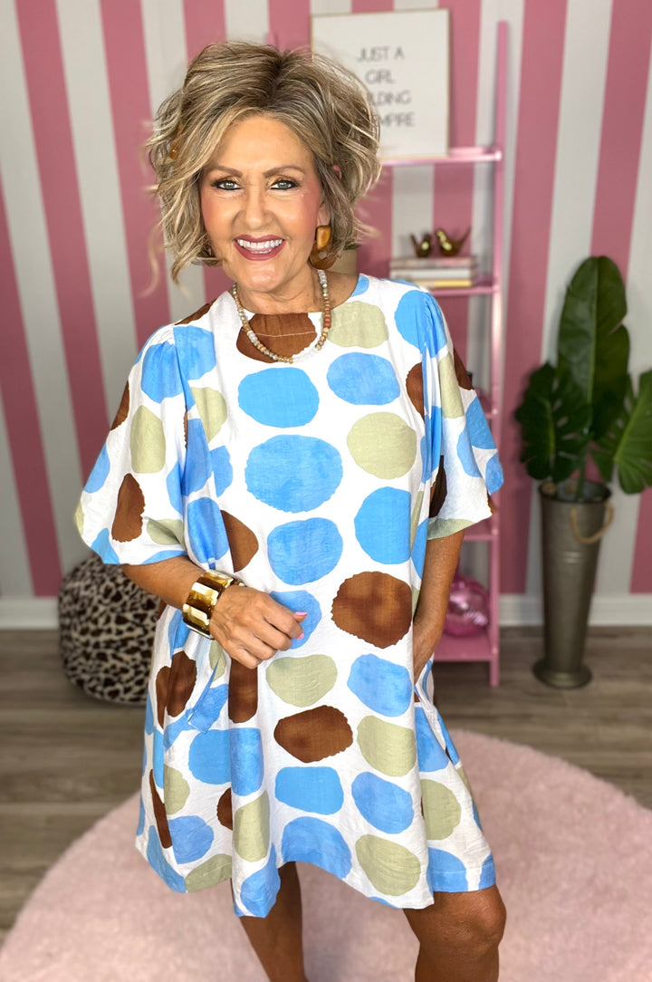 Abstract Dot Bubble Sleeve Tunic Dress- Blue