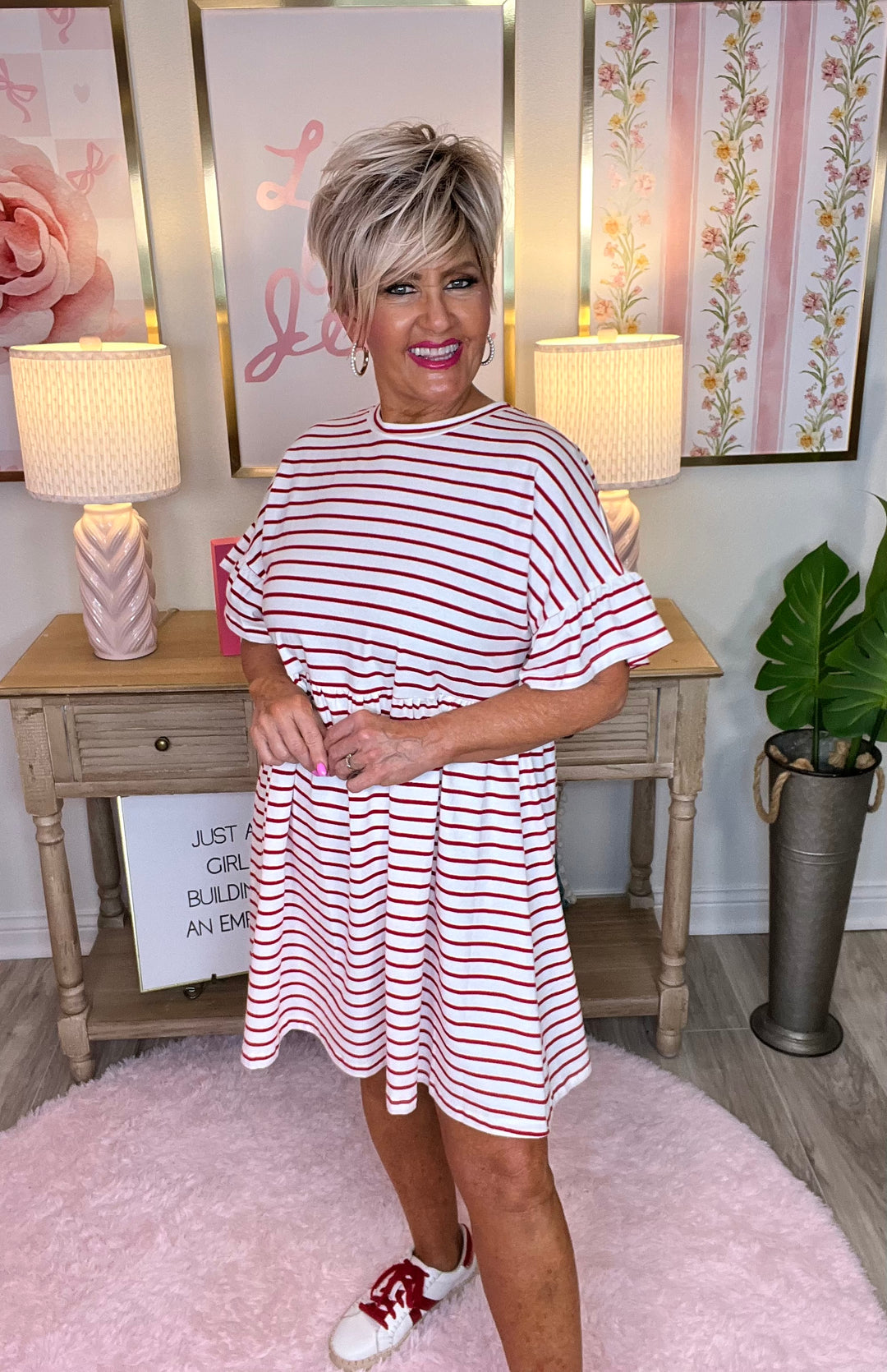 Striped Round Neck Baby Doll Cotton Dress-Red Stripe