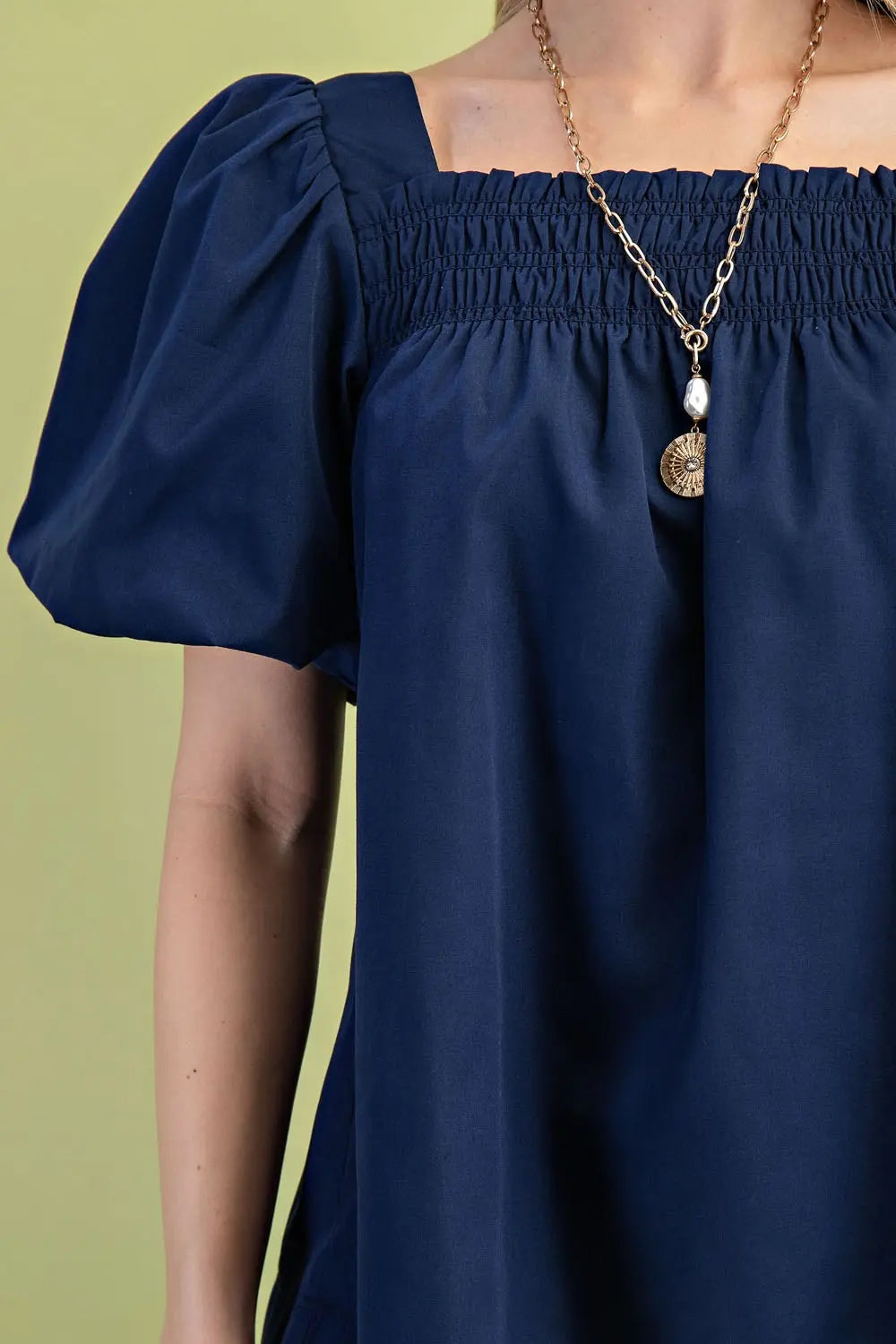 Smocked Puff Sleeve Top-Navy