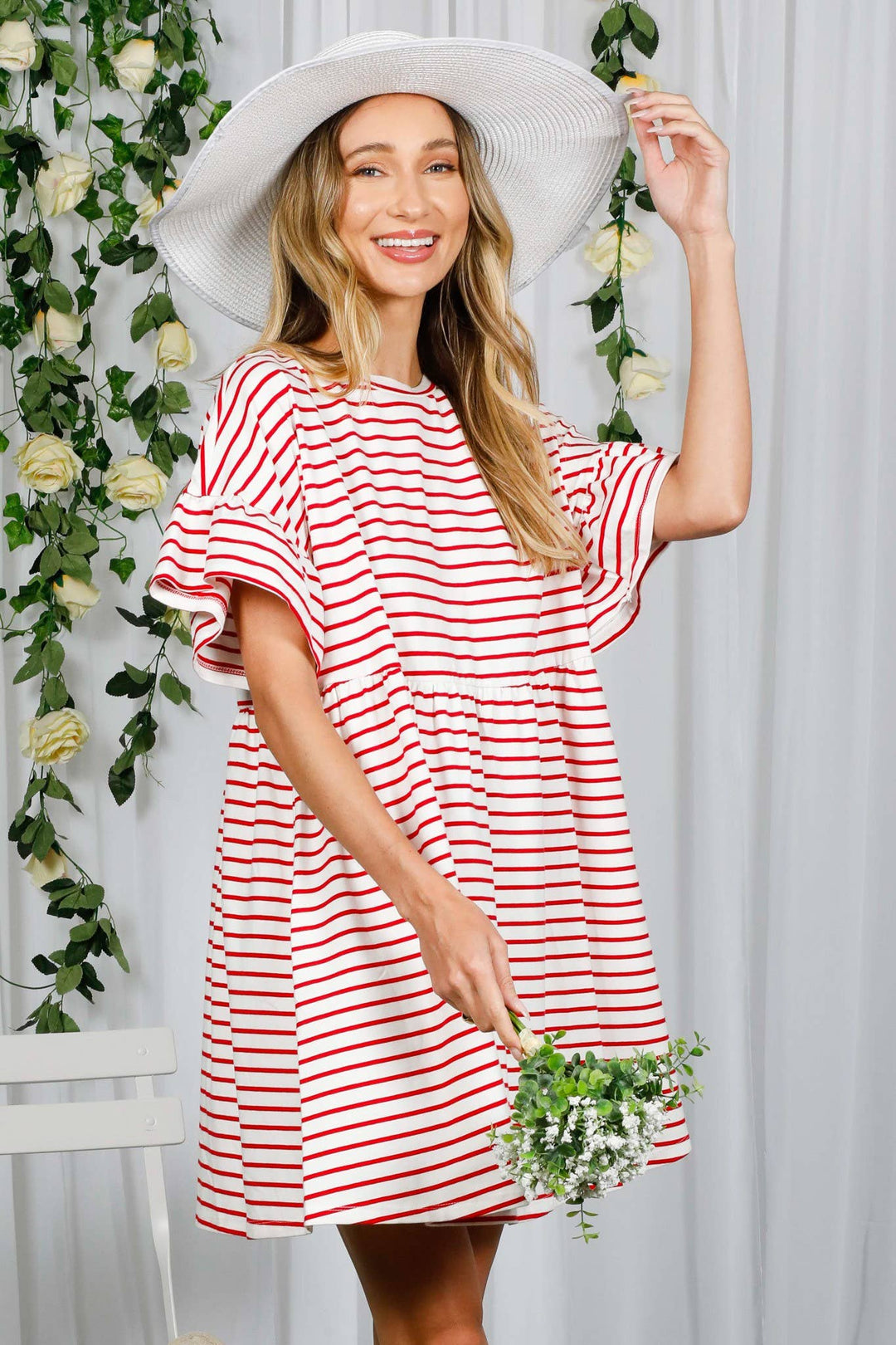 Striped Round Neck Baby Doll Cotton Dress-Red Stripe