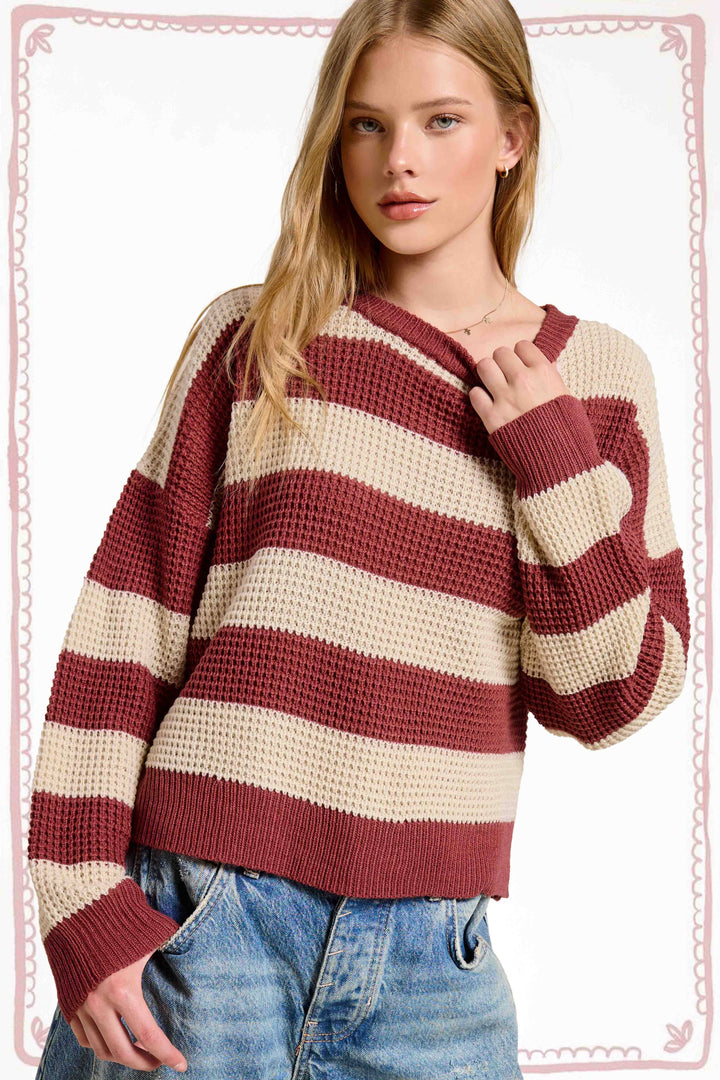 MCS3590-Loose Fit Striped Round Neck Long Sleeve Sweater