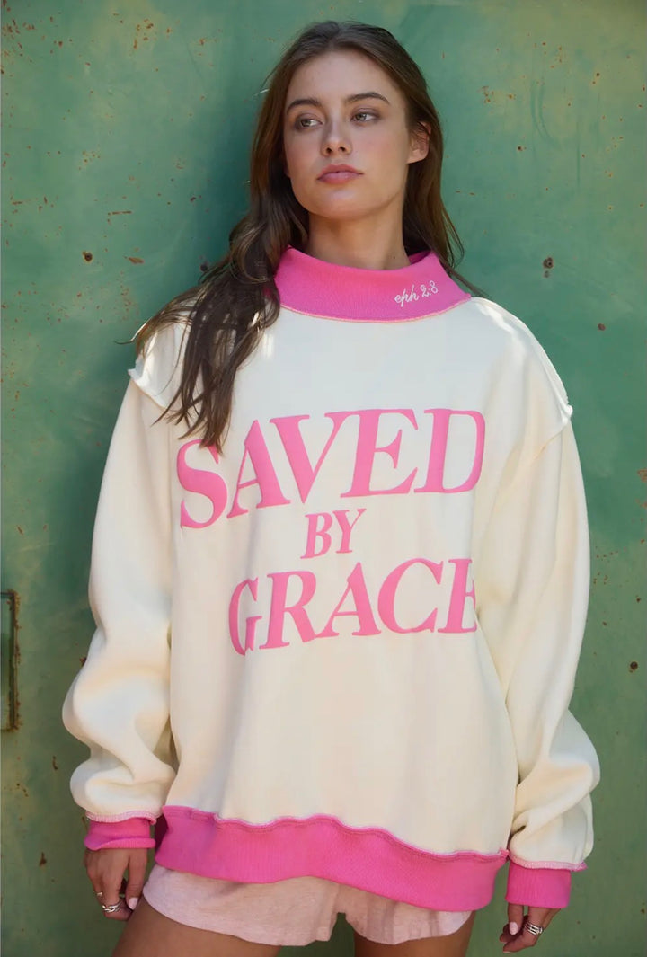 Mock Neck Oversized Sweatshirt-Pink/Cream-Arrives August