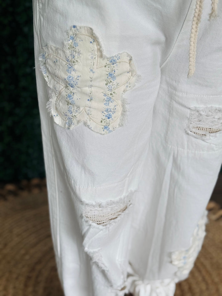 Denim Joggers W/ Floral Patches - 2 Color Options