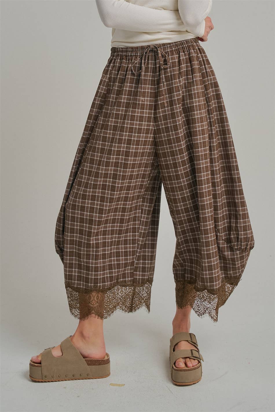 FLOWY FALL CHECK PLAID WIDE BALLOON LEG PANTS-Brown Check-Arrives first of October
