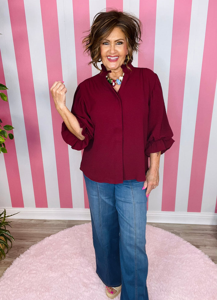 Balloon Sleeve Blouse-Burgundy