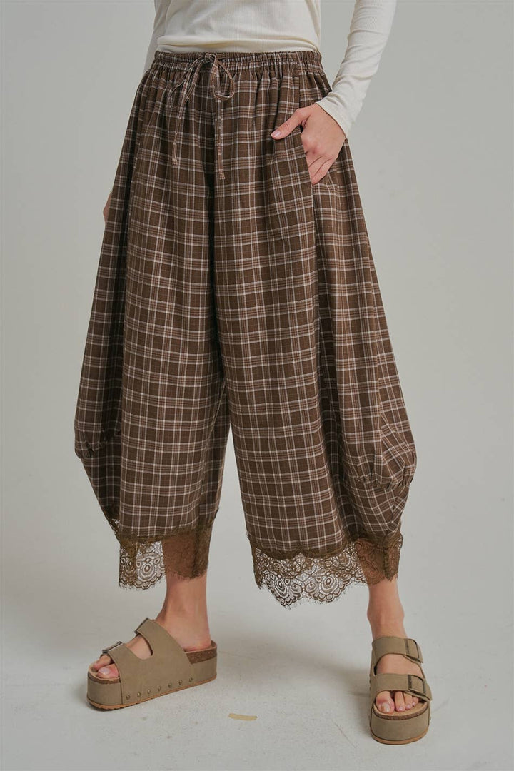 FLOWY FALL CHECK PLAID WIDE BALLOON LEG PANTS-Brown Check-Arrives first of October