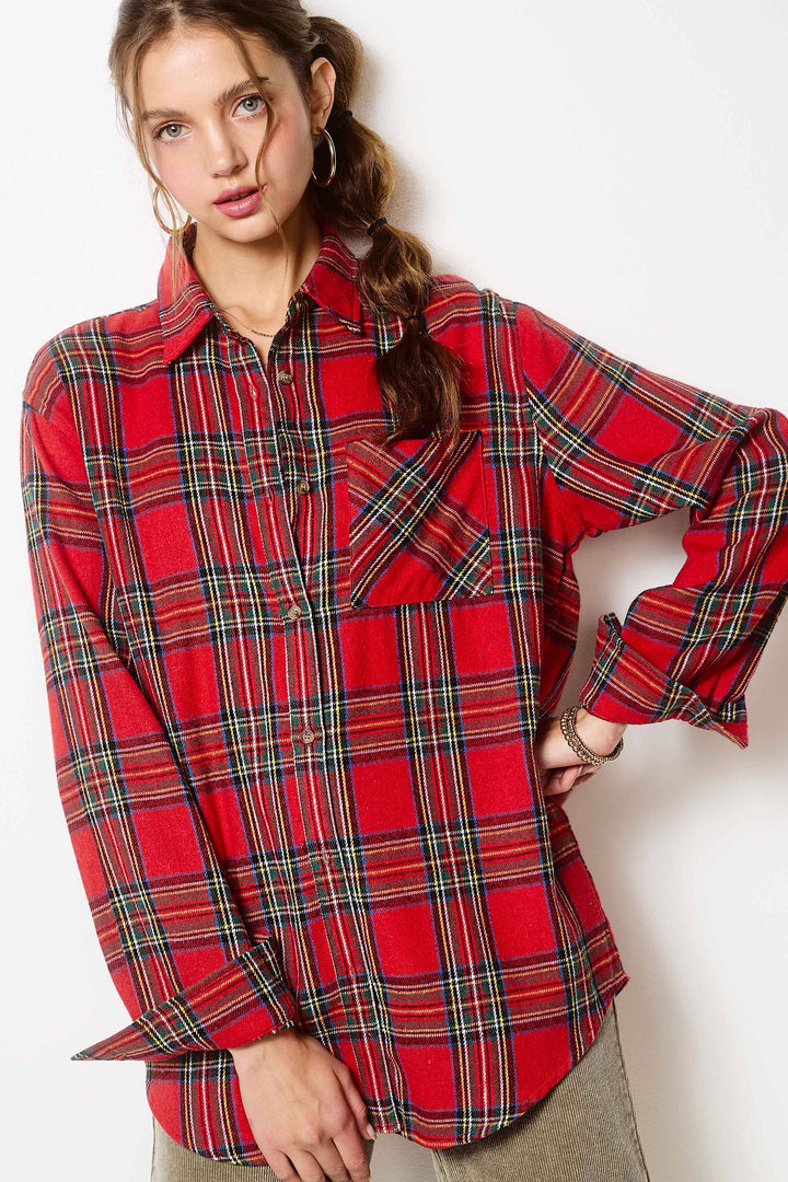 SRT7807-Soft Fabric Plaid Loose Fit Button Down Shirt