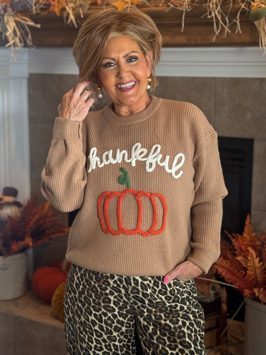 Dusty Brown Thankful Pumpkin 3D Embroidered Sweater