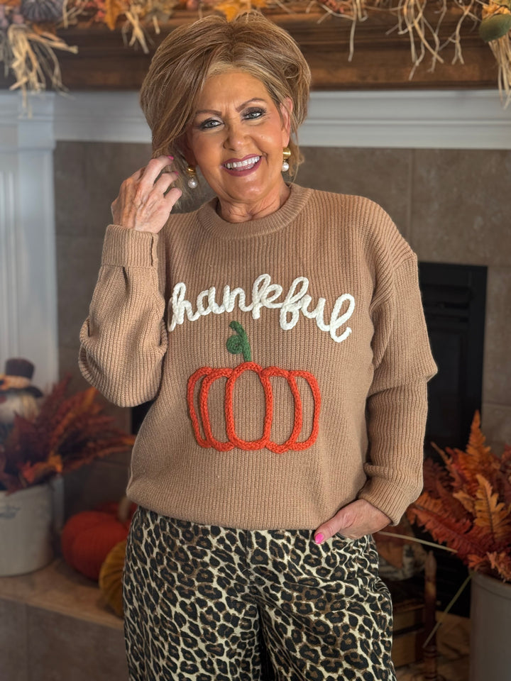 Dusty Brown Thankful Pumpkin 3D Embroidered Sweater