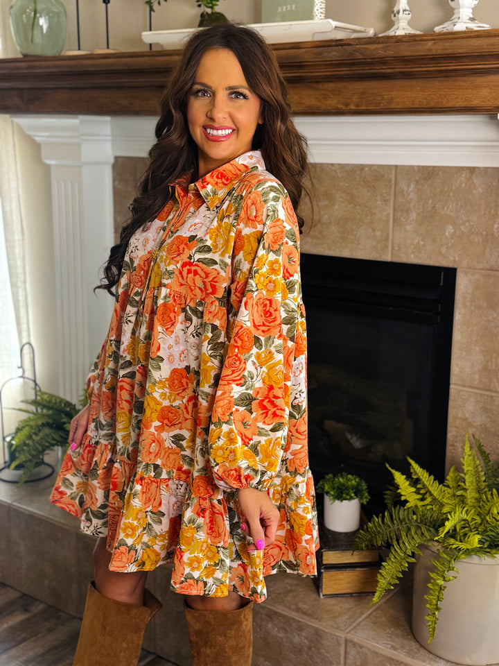 Floral Print Shirring Half Buttoned Shirt Dress