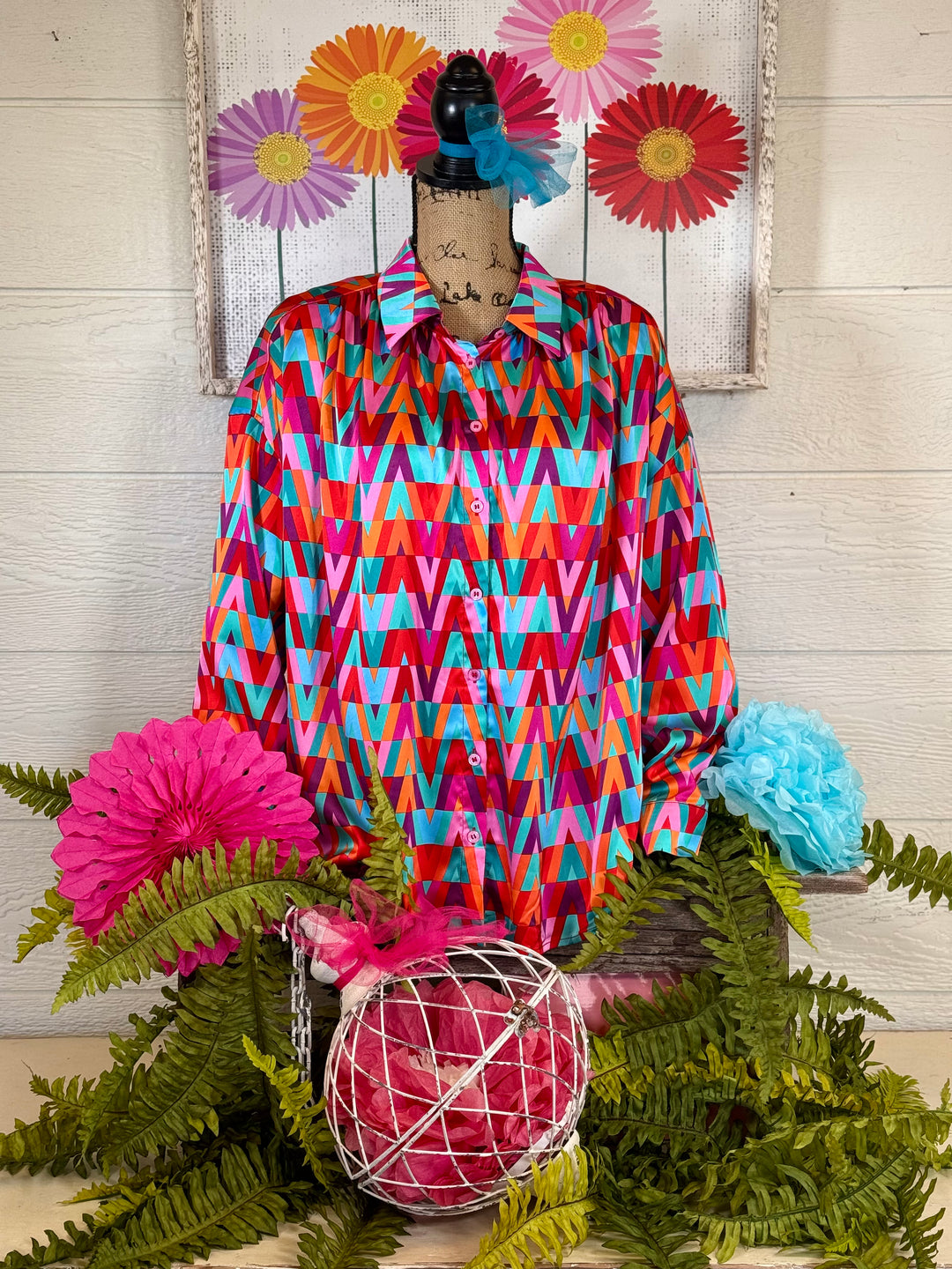Multi Print Blouse w/ Collared Neckline - Available S-Extended Sizes