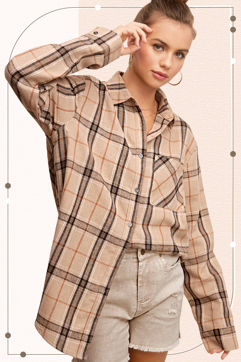 SRT1312-Soft Fabric Plaid Loose Fit Button Down Shirt-2 Color Options