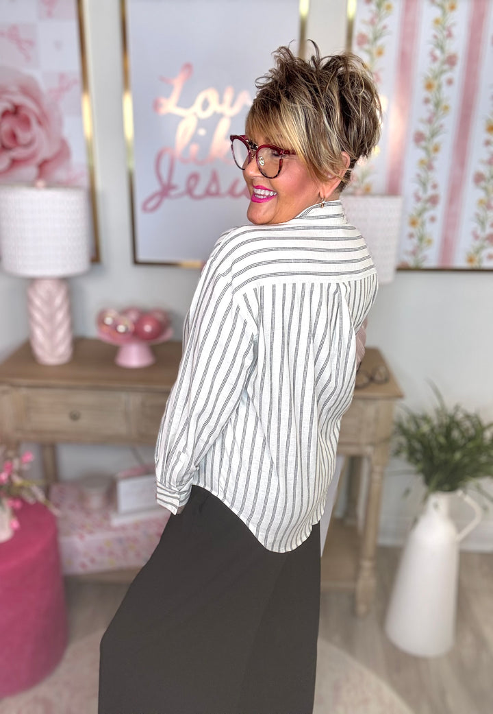 Striped Linen Blend Button Up Shirt-Blue or Natural