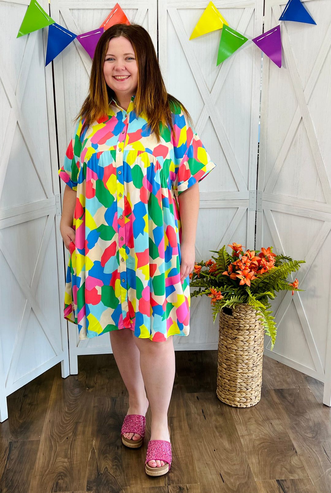 Green Coral Short Sleeve Geo Print Rayon Challis Babydoll Dress - Available Small Through Extended Sizes