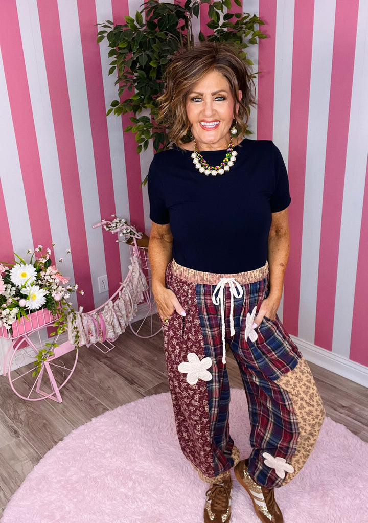 Plaid and Floral Printed Mix Washed Pants-2 Color Options-Mocha or Wine