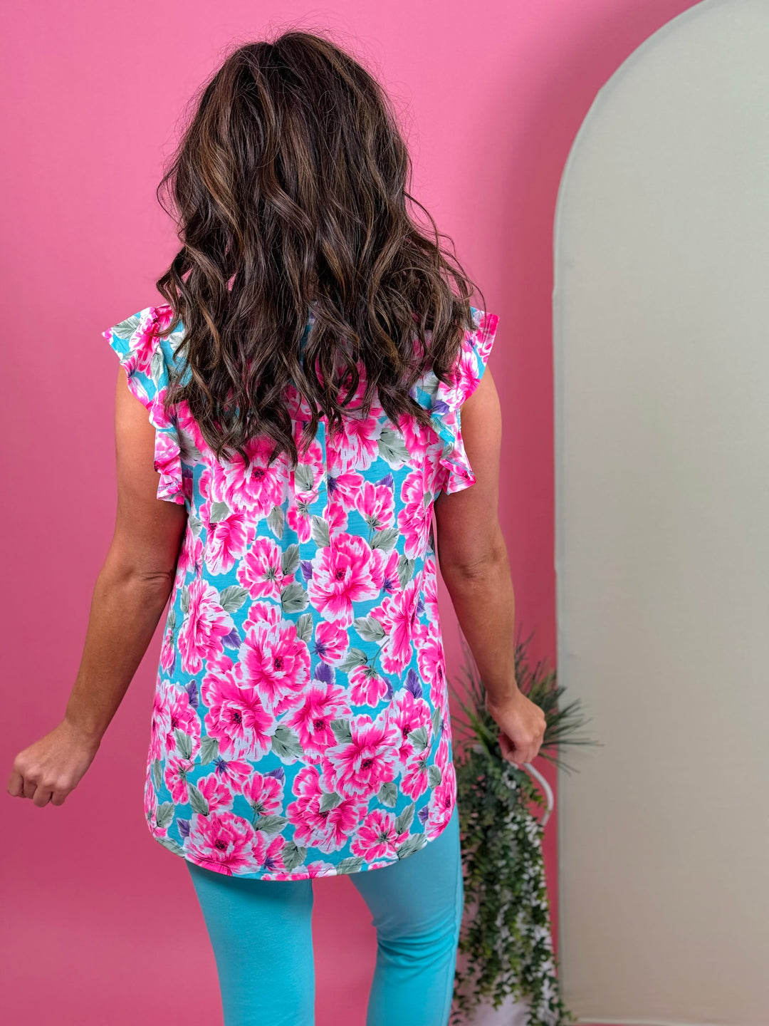 Mint Pink Floral Flutter Sleeve Top - Available Small Through Extended Sizes