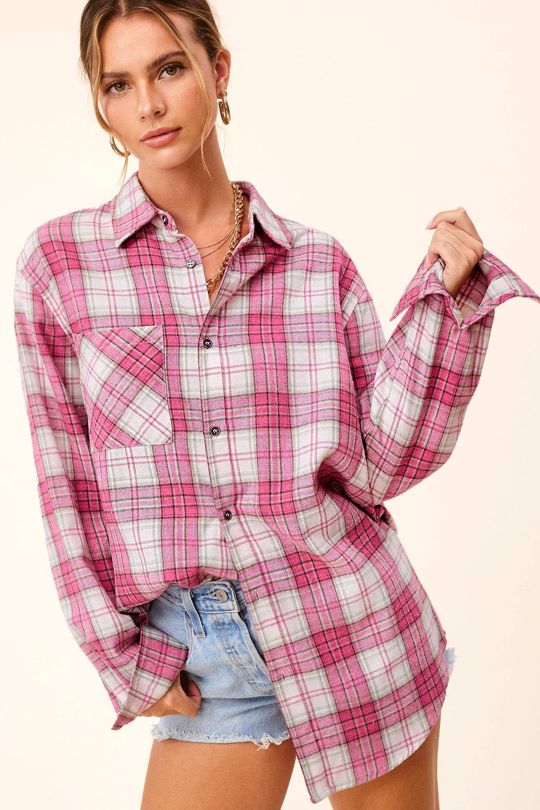 SRT1337-Soft Fabric Plaid Loose Fit Button Down Shirt