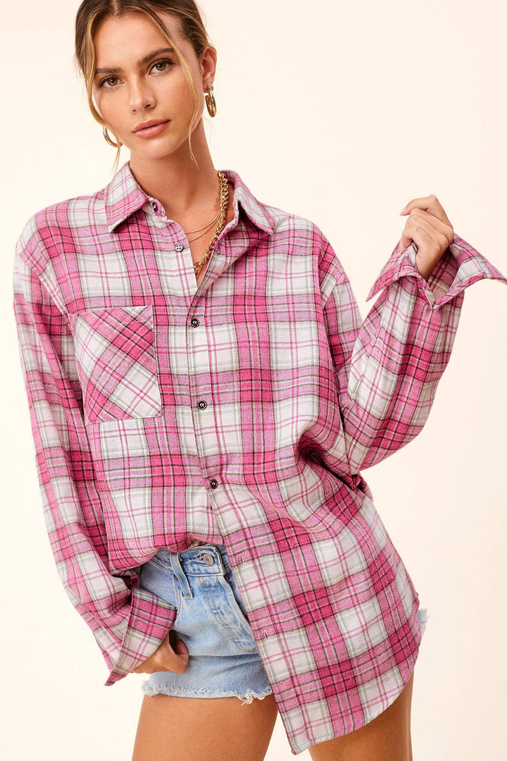 SRT1337-Soft Fabric Plaid Loose Fit Button Down Shirt