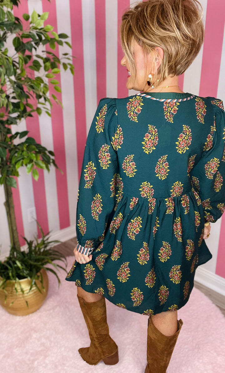 Floral Dress with Striped Detail-Hunter Green