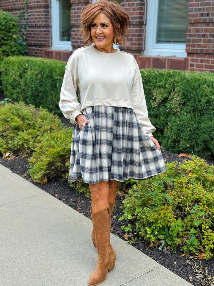 Long Sleeve Mini Dress w/ Heart Detail and Plaid Skirt - 2 Color Options