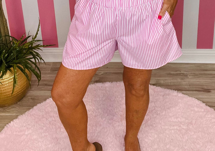 Woven Shorts with Pockets-Pink Stripe