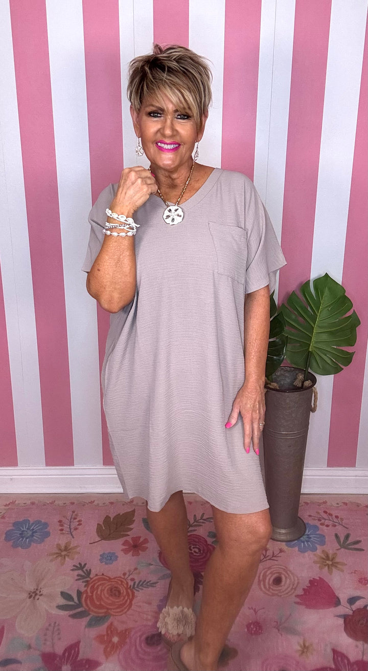 V Neck Woven Airflow V Neck Dress with Pockets-Ash Mocha