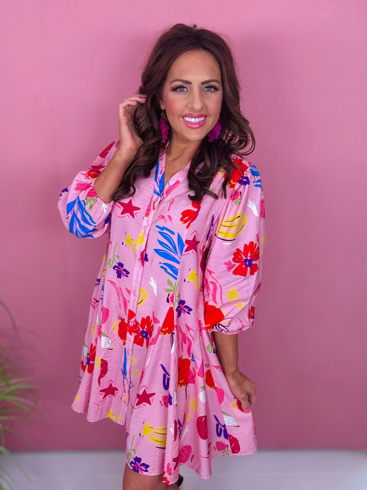 Pink Printed V-Neck 3/4 Sleeve Shirt Dress