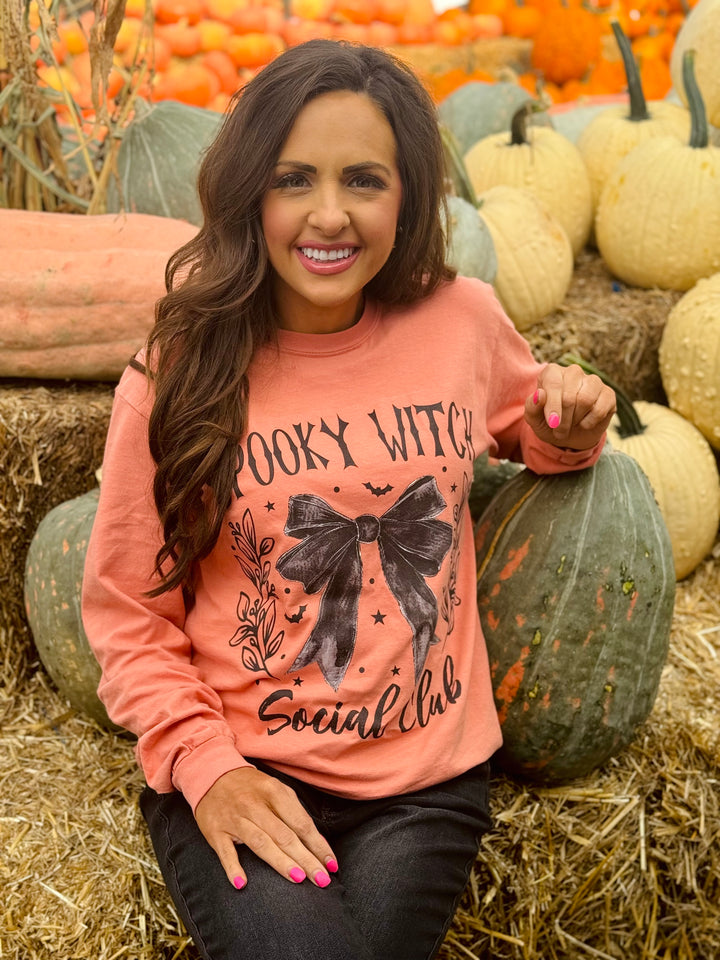 Terracotta Spooky Witch Social Club Long Sleeve Graphic Tee - Medium Through Extended Sizes