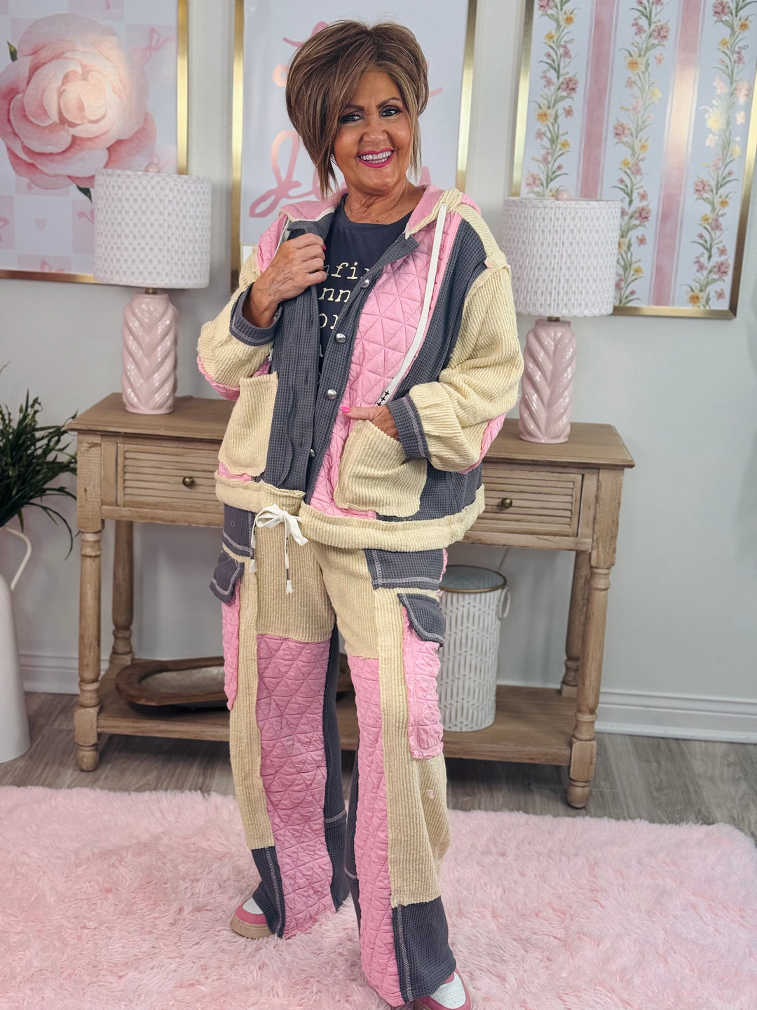 Candy Pink & Grey Relax Quilted Pants