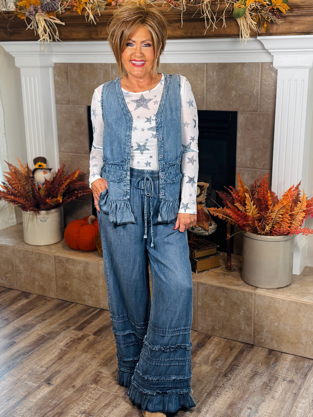 Chambray Palazzo Pants w/Ruffles