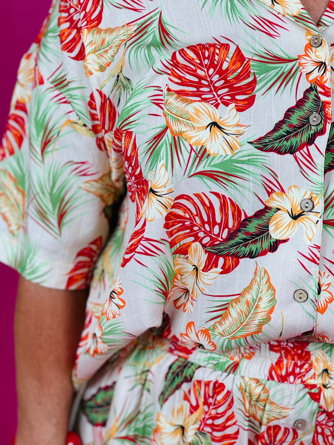 Natural Tropical Print Challis Button-Down Shirt