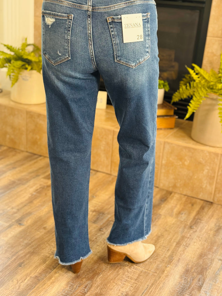 High Waist Straight Leg Dark Wash Denim Pants