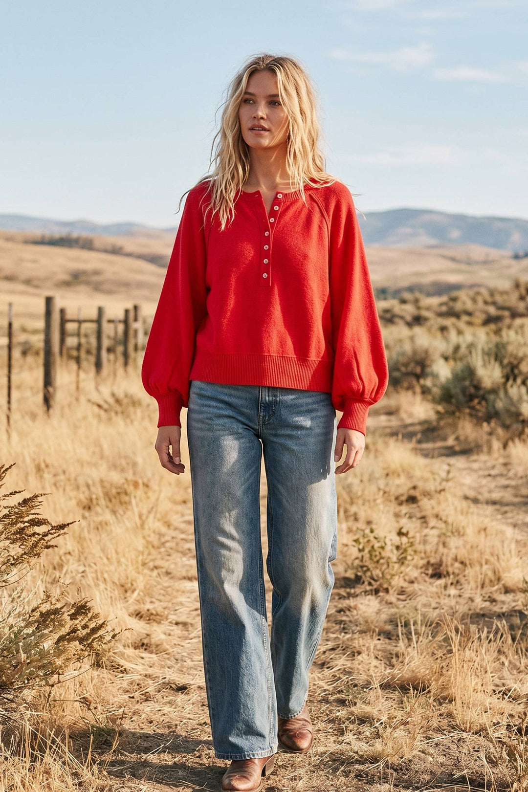 Henley Balloon Sleeve Sweater Top
