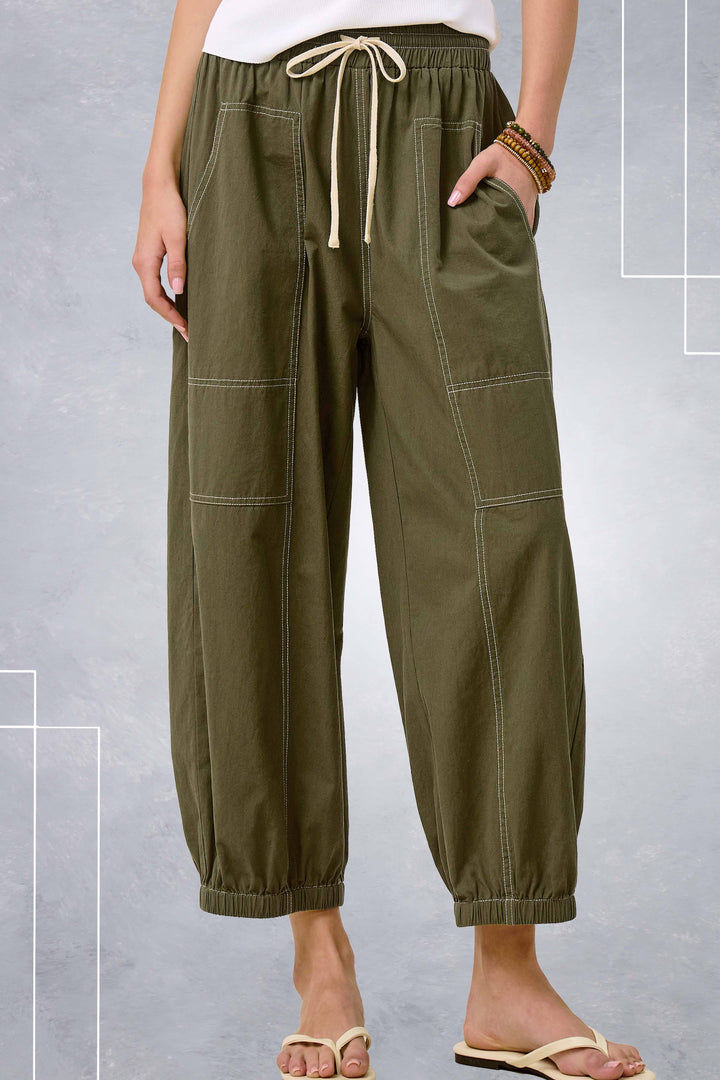 HDP4240-Cropped Barrel Leg Balloon Pants Contrast Sew Fall