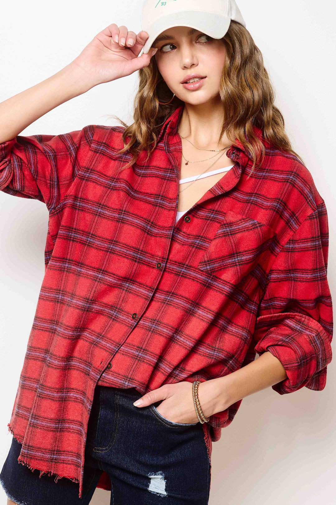 Red Button Down Two-Tone Washed Plaid Shirts
