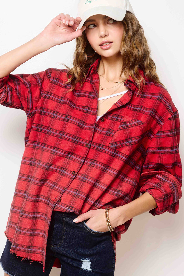 Red Button Down Two-Tone Washed Plaid Shirts