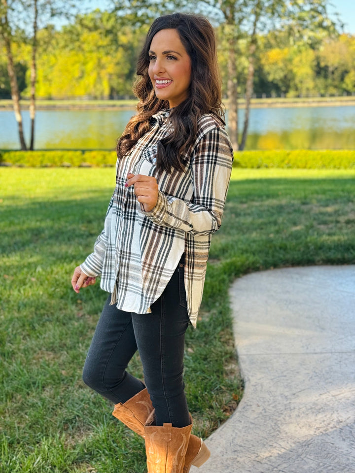 Cream, Brown, & Black Plaid Flannel