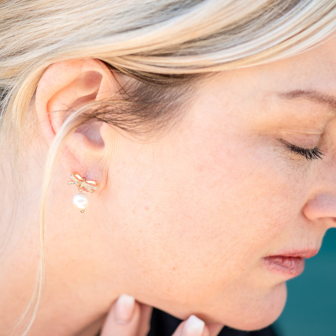 Crystal Bows & Pearls Earrings