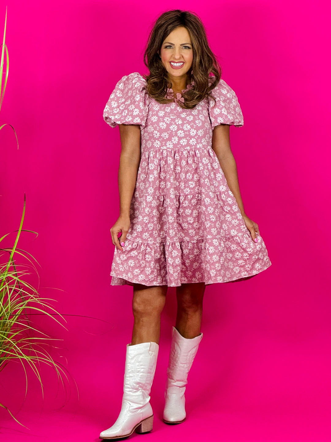 Pink Puff Sleeve Floral Dress - Available Small Through Extended Sizes