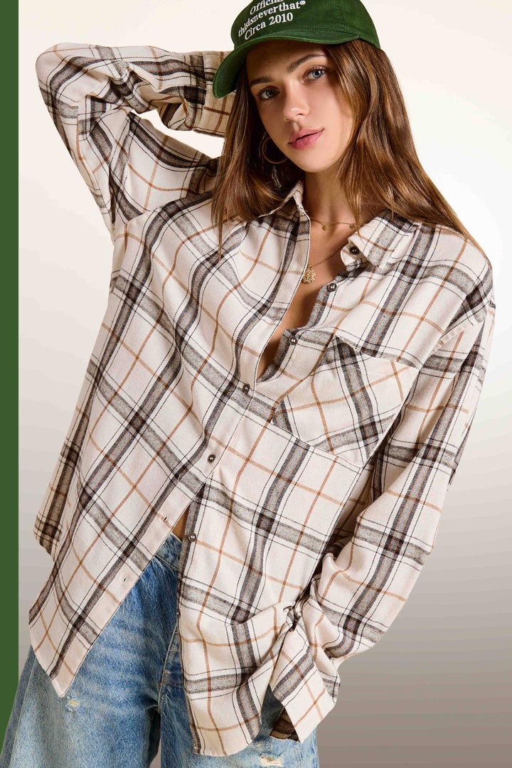 SRT1312-Soft Fabric Plaid Loose Fit Button Down Shirt