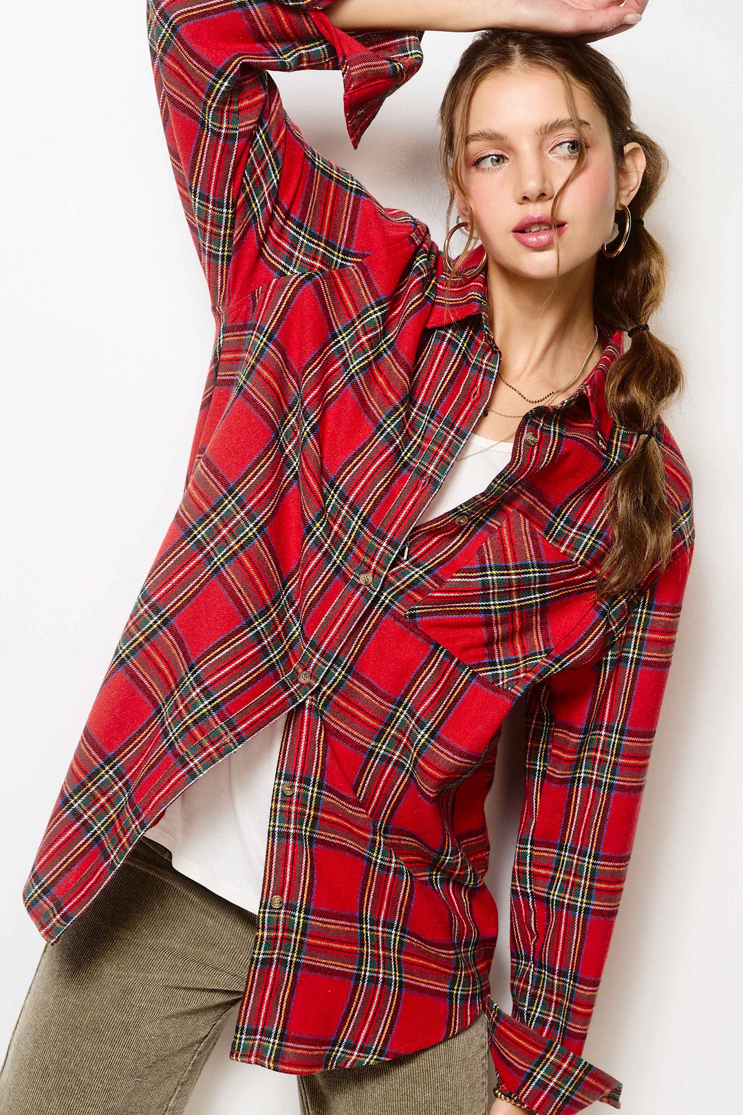 SRT7807-Soft Fabric Plaid Loose Fit Button Down Shirt