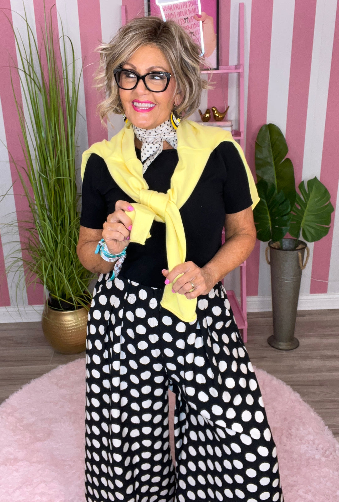 Playful Polka Dot Wide Leg Pants-Black and White