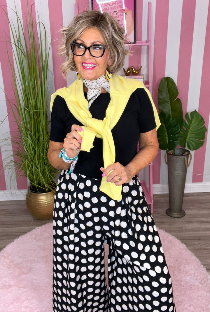 Playful Polka Dot Wide Leg Pants-Black and White