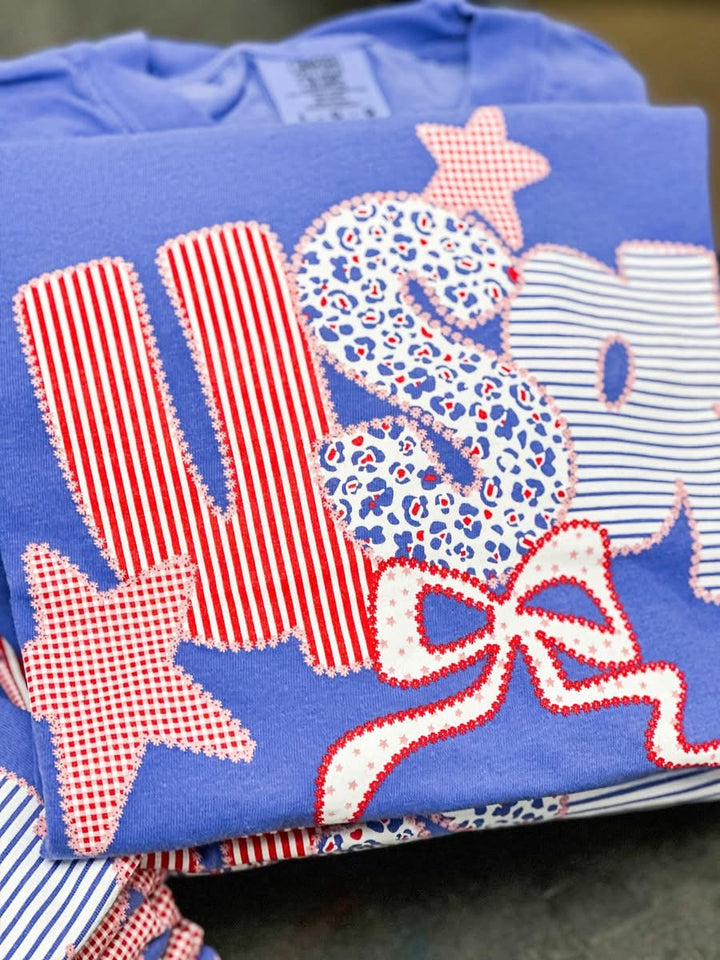 SALE: USA! USA! Patchwork Comfort Color Tee- Flo Blue