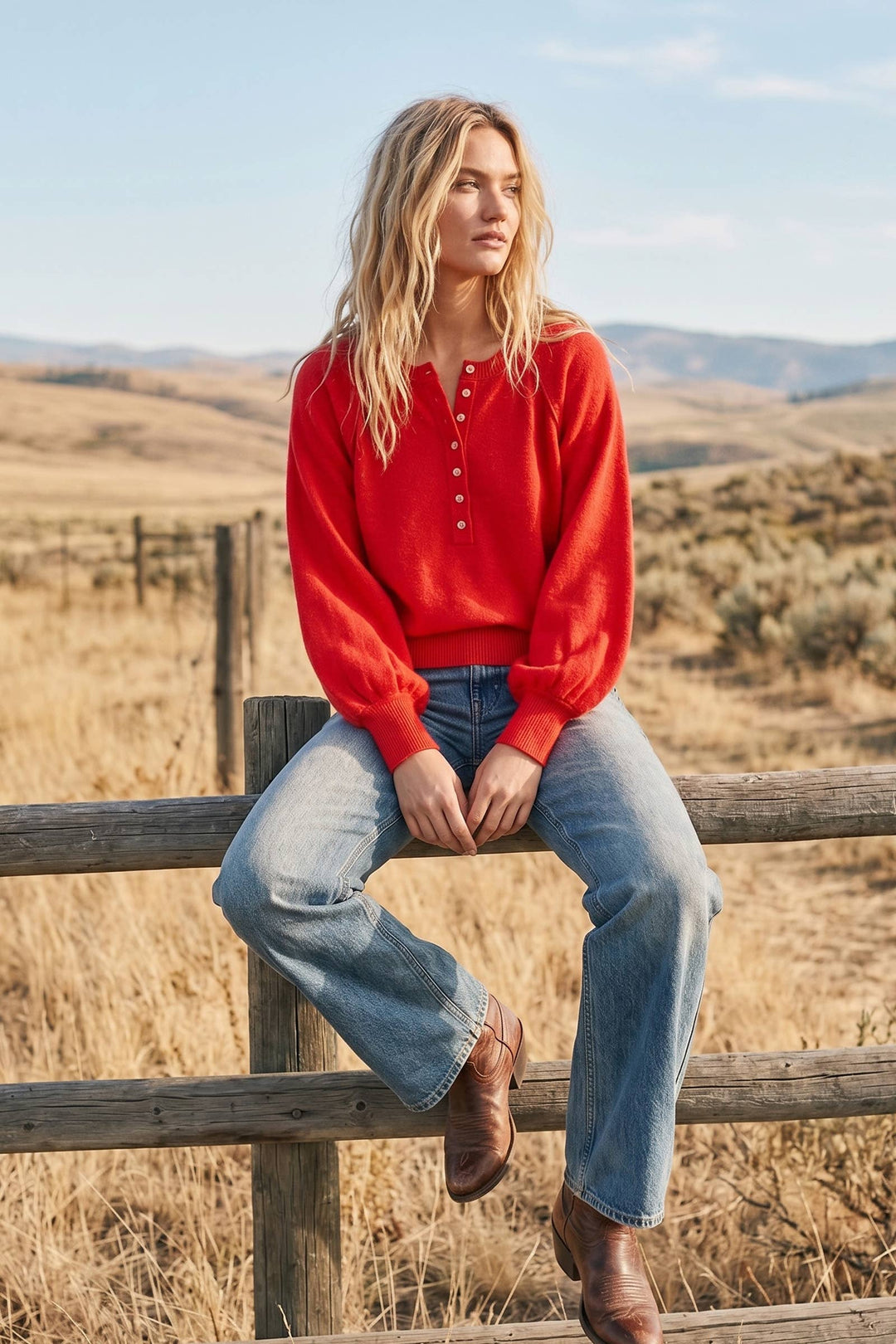 Henley Balloon Sleeve Sweater Top