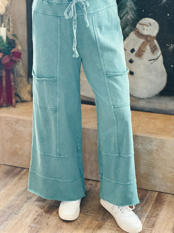 Teal Green Mineral Washed Terry Knit Pants