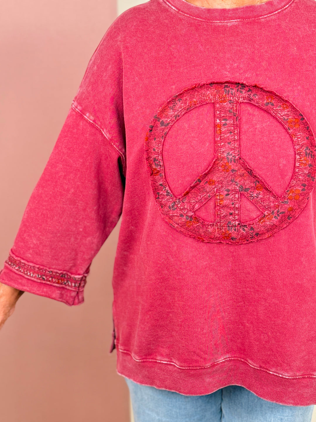 Wine Mineral Washed Terry Floral Peace Sign Pullover - Final Sale